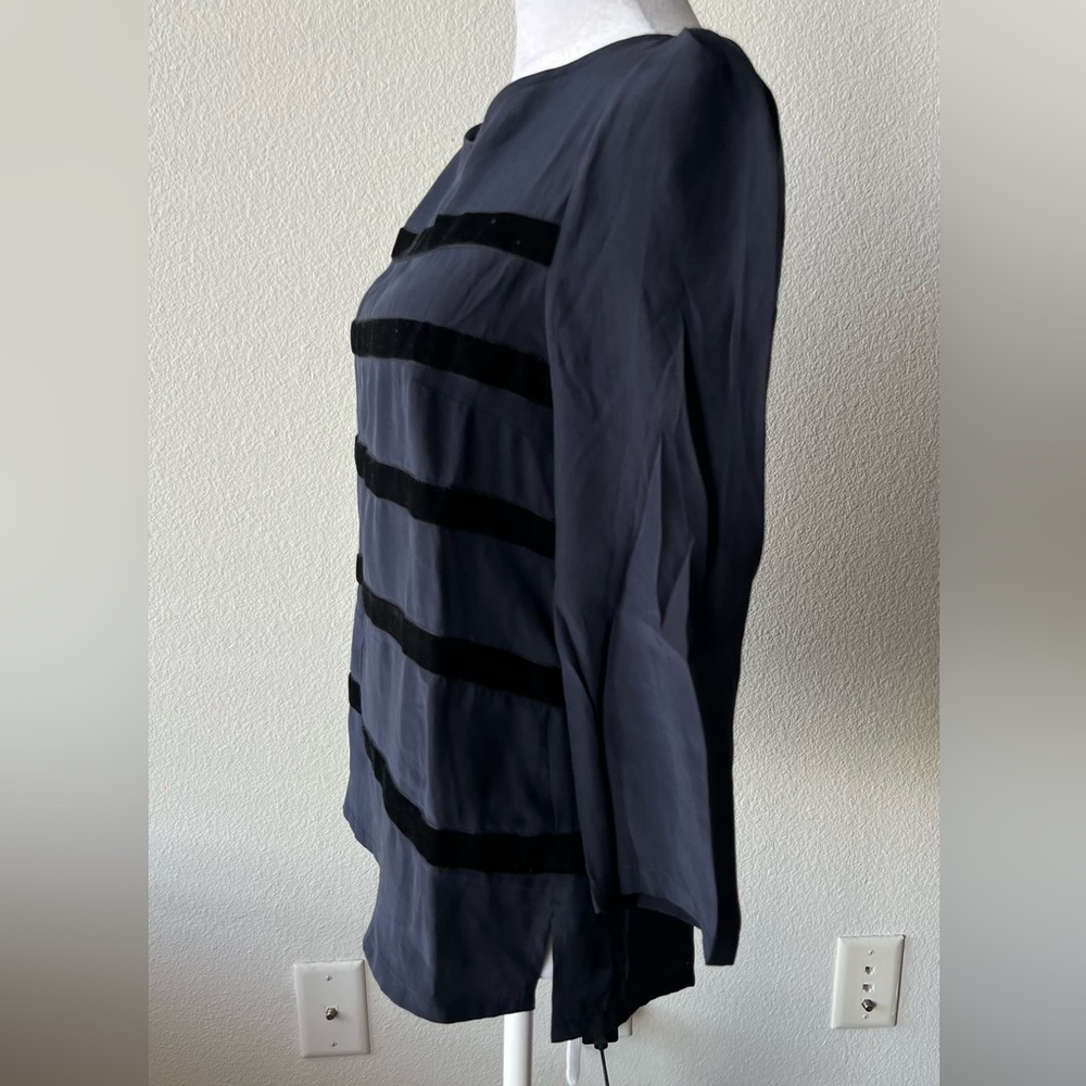 Sandro Small navy 3/4 puff sleeve SILK and velvet Blouse $395 - Picture 5 of 10